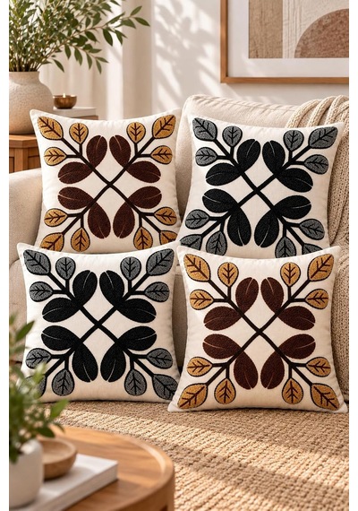 4'lü Set Çiçekli Dekoratif Kırlent Kılıfı 43x43 Cm, 3d Efektli Dijital Baskılı - Monokrom Yapraklar Çok Renkli