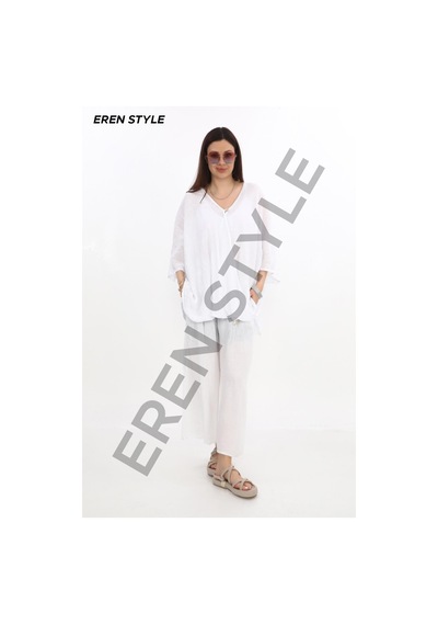 Eren Style Bohem Kuruvaze Tek Düğmeli Keten Bluz-9884 Beyaz