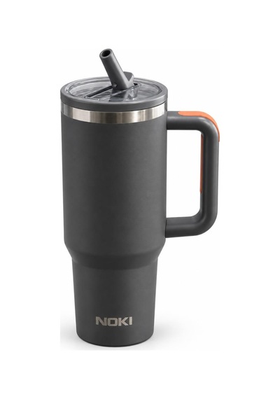 Nokı T-0137 1200 Ml Paslanmaz Çelik Tumbler Termos Bardak, Pipetli Yedek Kapaklı, Saplı Gri
