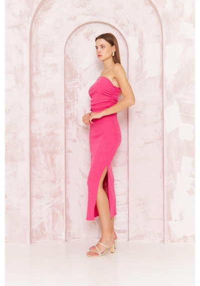 Darlin Moda Kadın Bodycon Straplez Bürümcük Midi Elbise Açık Pembe