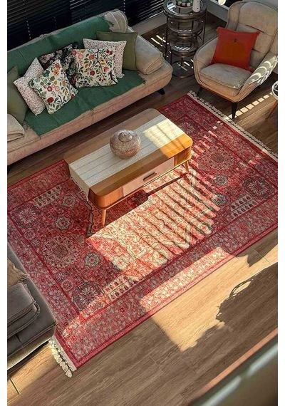 Frenda Home Vintage Desen Pamuk Taban Baskılı Yıkanabilir Halı Kırmızı