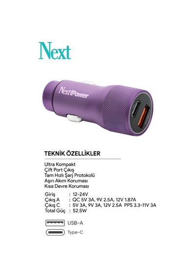 Next Power 52.5w Araç İçi Hızlı Şarj Aleti Type-c + Usb Güç Adaptörü Oto Çakmaklık - Siyah