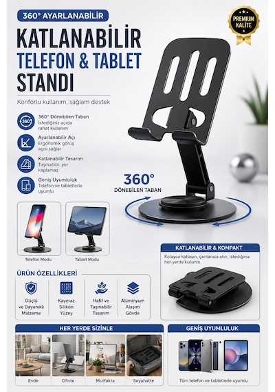 360 Ayarlanabilir Katlanabilir Telefon & Tablet Standı Yükseklik Ve Açı Ayarlı Masa Üstü Tutucu Siyah