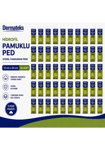 Dermateks Hidrofil Pamuklu Ped 12 24cm Steril Pansuman Pedi 50 Adet