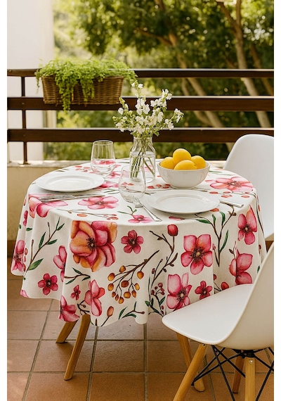 Yuvarlak Çiçek Desenli Duck Kumaş Masa Örtüsü 150x150 Cm Çok Renkli