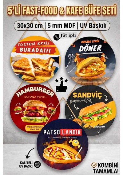5'li Ahşap Fast Food Kafe & Restoran Duvar Dekoru Seti, Hamburger Tost Patso Döner Sandviç Temalı İpli Pano