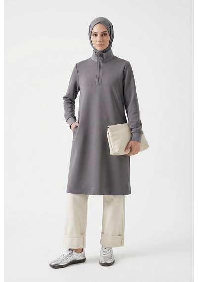 Armine Fermuar Detaylı Basic Tunik Gri
