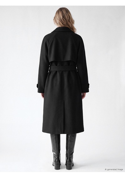 Lcw Vision Siyah Kruvaze Yaka Oversize Kadın Kaşe Kaban