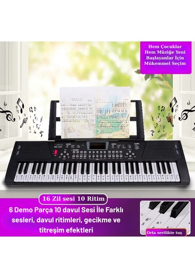 Başlangıç İçin 61 Tuşlu Elektronik Dijital Profosyenel Org Piyano Mikrafonlu Keyboard Siyah