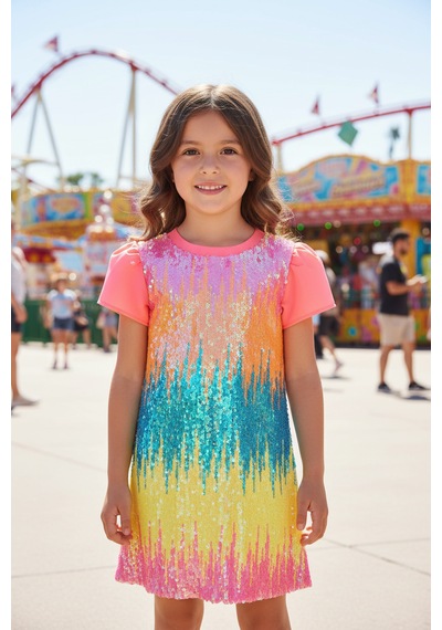 Dide Kids Kız Çocuk Neon Renkli Payetli Pembe Abiye Elbise Neon Pembe