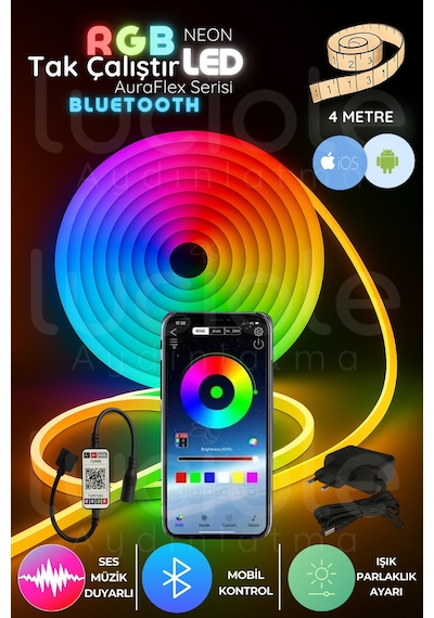 4 Metre Rgb Neon Led Şerit Auraflex Serisi Bluetooth Telefon Kontrollü Işık Sistemi