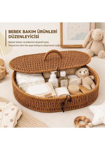 Kapaklı Rattan Oval Organizer Sepet Hasır Saklama Kutusu Çok Amaçlı Dekoratif Düzenleyici Kapaklı Organizer Diğer