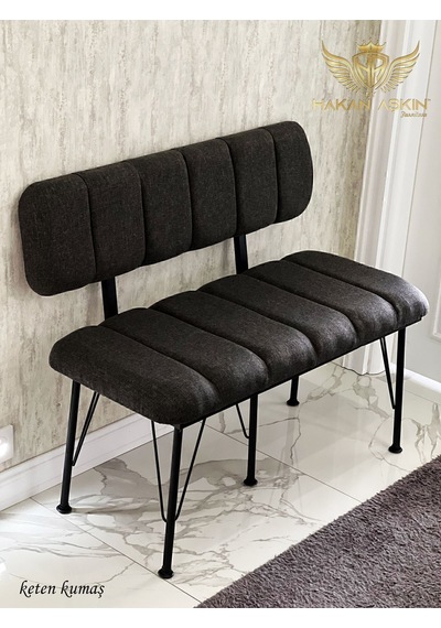 By Hakan Aşkın Siyah Metal Ayaklı Metal Alt Kasalı Keten Antrasit New Sırtlı Bench Bank Antrasit Keten