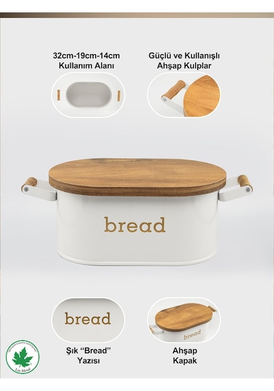 Ahşap Kapaklı Ahşap Kulplu Metal Ekmeklik Bread Baskılı - Beyaz Beyaz