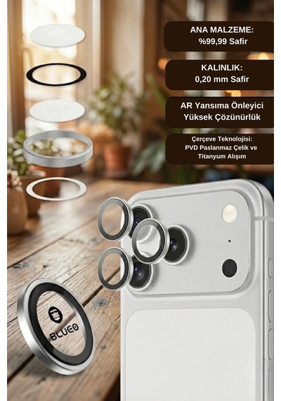 % 99.99 Gerçek Safir Titanyum Kasa Apple Uyumlu iPhone 17 Pro / 17 Pro Max Kamera Lens Koruyucu, Ar - Silver