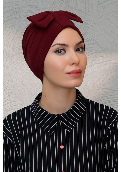 Hürrem Bone Bordo Pratik Hazır Geçmeli Tesettür Bone Sandy Kumaş Fiyonklu Büz (545490884) Bordo