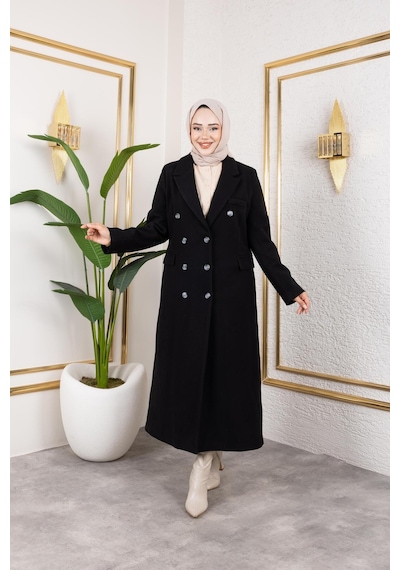 Hb Harma Time Butik Kadın Astarlı Düğmeli Cepli Uzun Siyah Kaşe Kaban Siyah Siyah