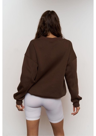 Kadın Katlamalı V Yaka 1970's Baskılı Oversize Sweatshirt Kahverengi