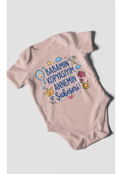 Morivokids Babamın Kopyasıyım Annemin Şaheseri Kısa Kollu Bebek Body %100 Pamuk Pastel Pembe