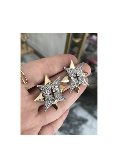 Vıp Seri Gold Detaylı Taşlı Yıldız Model Küpe Altın
