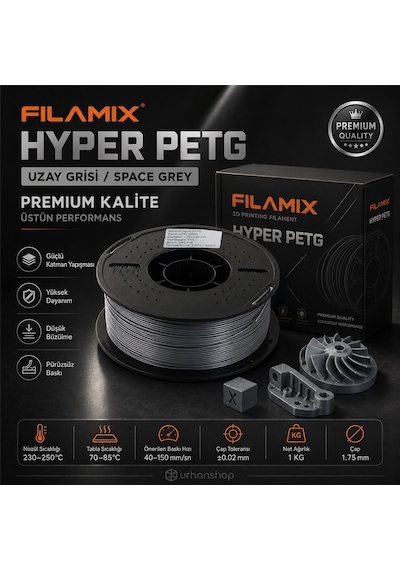 Filamix Hyper Petg Uzay Grisi Filament 1.75mm 1kg Plastik Makara
