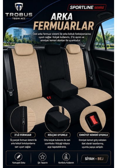 Ford Kuga 2008-2012 Uyumlu Sportline Serisi Bej Siyah Ortopedik Tay Tüyü Koltuk Kılıfı
