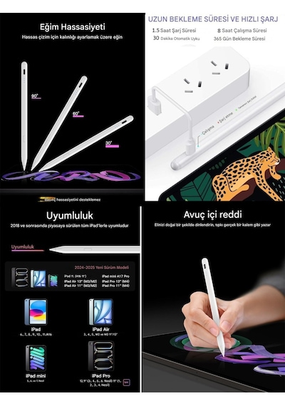 Apple Uyumlu iPad  11/10.nesil A16 9/8/7 10.2 Air/pro 4/5/6 11/13inç Avuç Içi Reddi Dokunmatik Çizim Kalemi