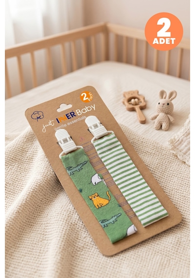 Just Inner Erkek Bebek 2'li Pamuklu Emzik Askısı Klipsli Safari Ve Çizgili Desenli Güvenli Ve Şık 584101 Yeşil