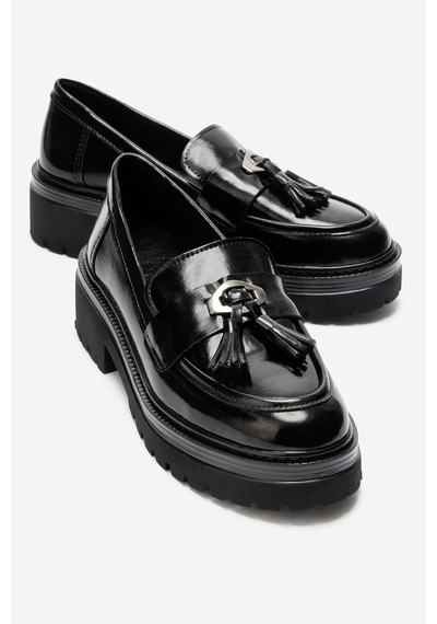 Luvi Shoes Marsy Siyah Rugan Hakiki Deri Püsküllü Kadın Loafer Ayakkabı