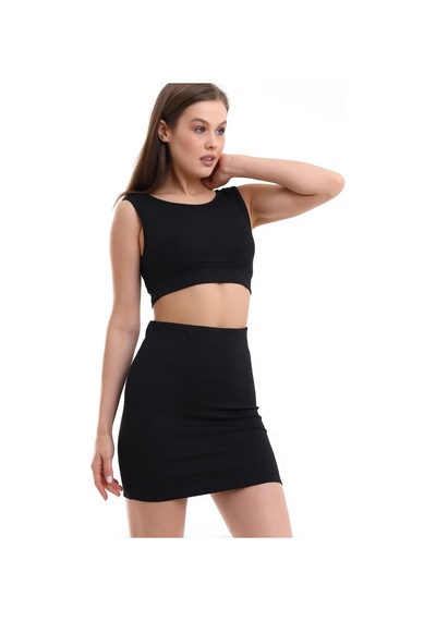 Winmoda34 Kadın Etek-crop 2li Takım Fitilli Kumaş Full Likralı Siyah