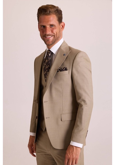 Ysf Erkek Bej Slim Fit Sivri Yaka Yelekli Takım Elbise Bej