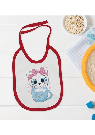 BK Kids Kişiye Özel İsimli Kırmızı Bebek Mama Önlüğü-5 Kırmızı