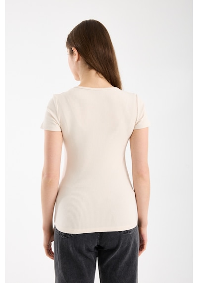 Hdm Kadın Esnek Fitilli Yakası Çıtçıtlı Fildişi Kısa Kol Basic Örme Bluz - H5993-56 Ekru