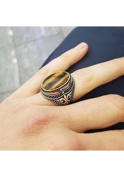 Kaplan Gözü Taşlı Erkek Yüzük Beyaz
