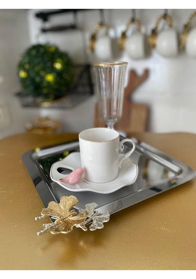 Atabey Home Collection 2 Adet Kahve & Çay & Sunum Tepsisi Metal Döküm Gümüş Tepsi Kelebek Aksesuarlı