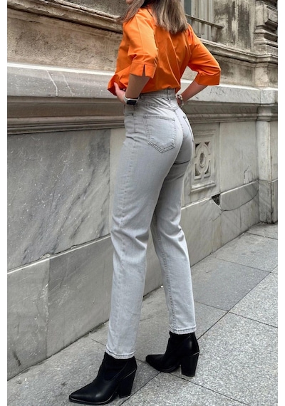 WeShaya Kadın Gri Yüksek Bel, Rahat Kesim, Boru Paça, Skinny Kot Pantolon - Jeans Açık Gri