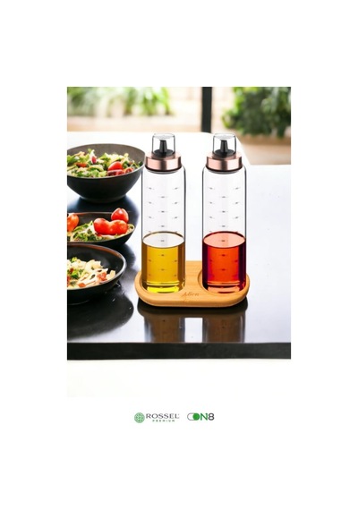 Rossel Premium Bambu Standlı Damlatmaz Borosilikat 2'li Cam Yağlık 500ml Bakır