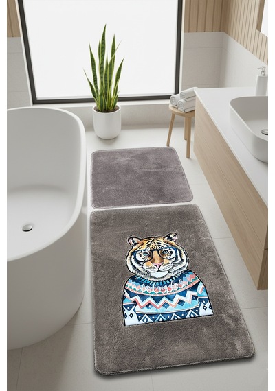 Logwe Taş 2li Nakışlı Banyo Paspası ,kaymaz Tabanlı 60x100 50x60 Cm Taş-ikili