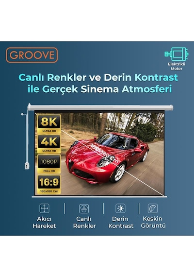 Groove Vizio Pro 180x180cm Blackout Işık Geçirmez Elektrikli Otomatik Kumandalı Projeksiyon Perdesi +motorlu+canlı Renkler+göz Koruması+leke Tutmaz Projector