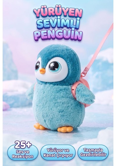 Gioc-hi Prezi-osi Lisanslı Sevimli Yürüyen Peluş Penguen 25+ Ses Ve İfadeli Tasmalı Akıllı Penguen