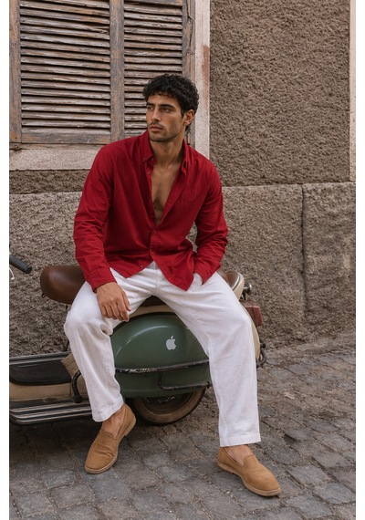 Respire Erkek Minimal Baskılı Oversize Dokulu Gömlek Bordo