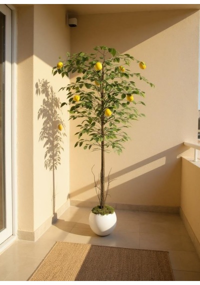 Yapay Limon Ağacı 160cm 10 Limonlu Doğal Görünümlü Beyaz Küre Plastik Saksılı Yapay Ağaç Sarı
