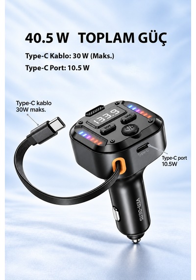 Ven-dens Vd-fm011 Bluetooth 5.3 Araç Fm Transmitter Cihazı, 40,5 W Toplam Çıkış, 75 Cm Geri, Siyah