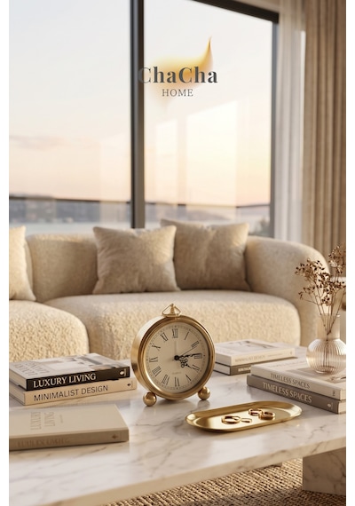 Chacha Home Serene Bell Vintage Metal Çalar Saat & Premium Masaüstü Dekoratif Obje 16x14 Cm Gold