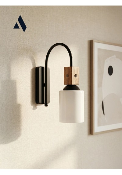 Altira Ahşap Süslemeli Duvar Apliği Rustik Modern Stil, Opal Ve Bal Camlı Beyaz