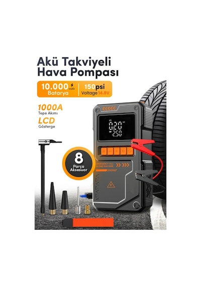 10000mah Taşınabilir Akü Takviyeli Kompresörlü Hava Pompası Led Işıklı Powerbank Lastik Şişirme