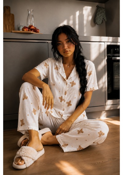 Norcia Sports Kadın Zarif Yaka Dokulu Ferah Kırık Beyaz Pijama Takımı Çok Renkli - 929322863 Çok Renkli - 929322863 Çok Renkli