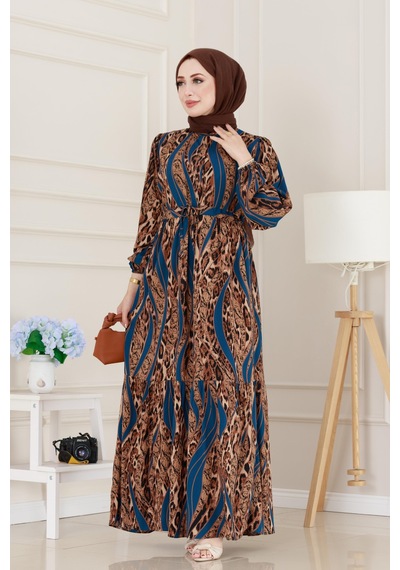 Sevitli Leopar Desenli Beli Tünelli Viscon Elbise-mavi-5089 Mavi