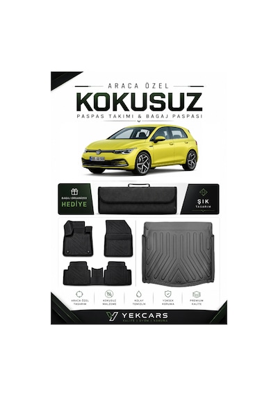 Volkswagen Golf 8 Otomatik 2023 Model Aracınıza Özel 4d Kauçuk Paspas Takımı Ve Alt Bagaj Havuzu