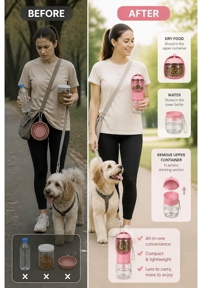 Taşınabilir Köpek Ve Kedi Su Ve Mama Kabı, Seyahat Ve Yürüyüş İçin 2 Bölmeli Evcil Hayvan Su Şişesi Ve Mama Haznesi, 350 Ml, Sarı